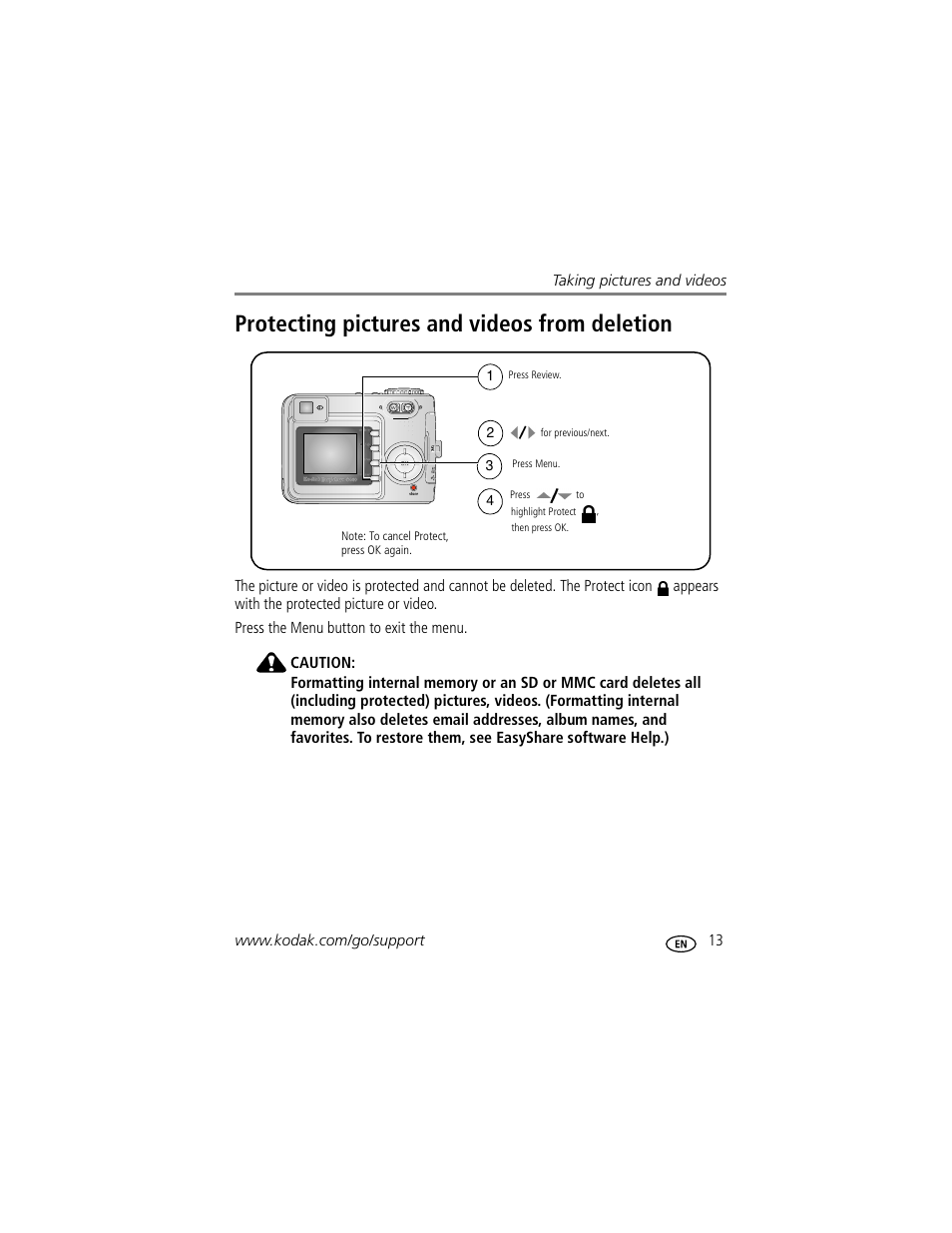Protecting pictures and videos from deletion | Kodak EasyShare C340 User Manual | Page 19 / 74