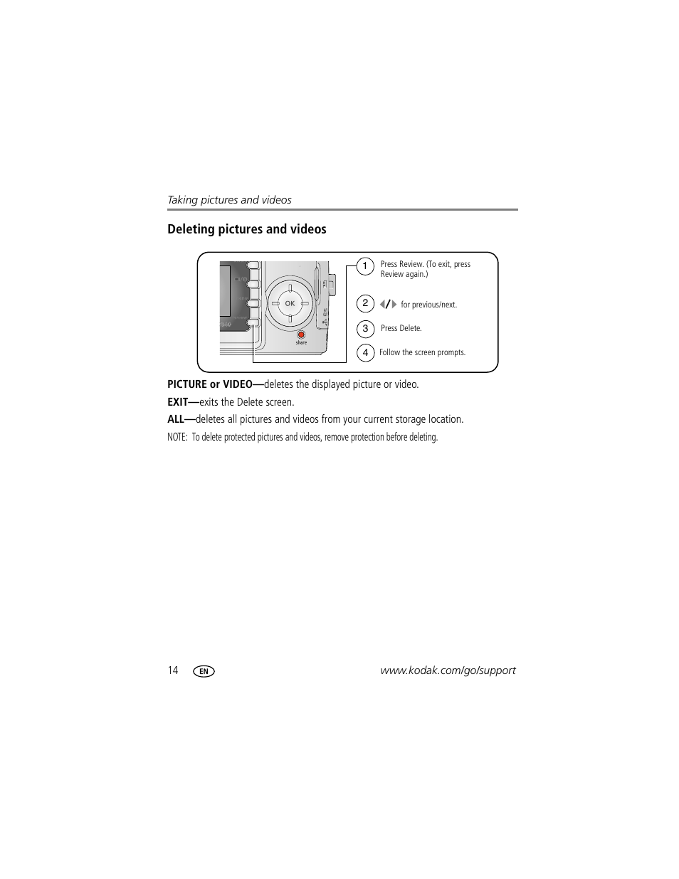 Deleting pictures and videos | Kodak EasyShare C340 User Manual | Page 20 / 74