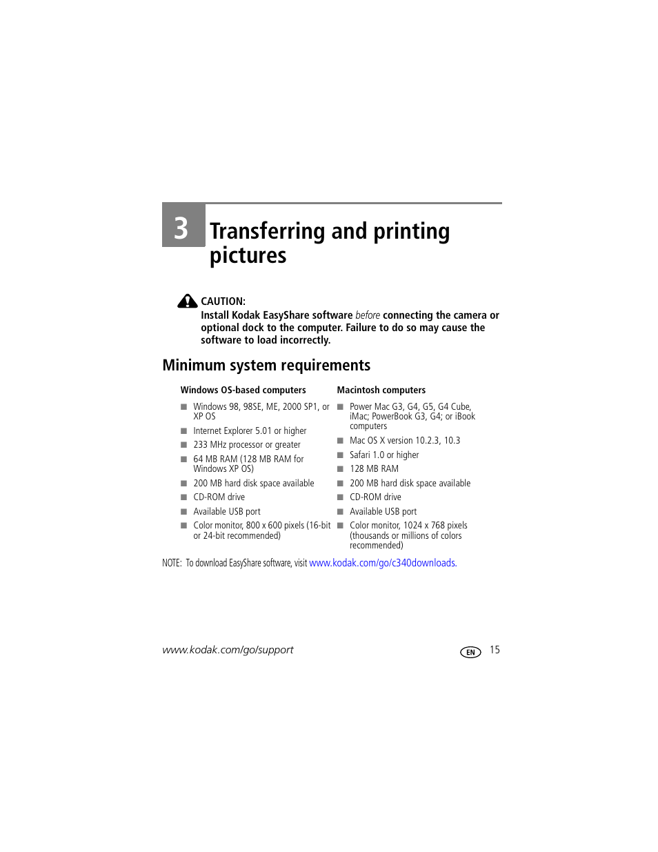 Transferring and printing pictures, Minimum system requirements, 3 transferring and printing pictures | Kodak EasyShare C340 User Manual | Page 21 / 74