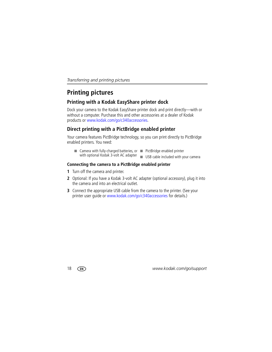 Printing pictures, Printing with a kodak easyshare printer dock, Direct printing with a pictbridge enabled printer | Kodak EasyShare C340 User Manual | Page 24 / 74
