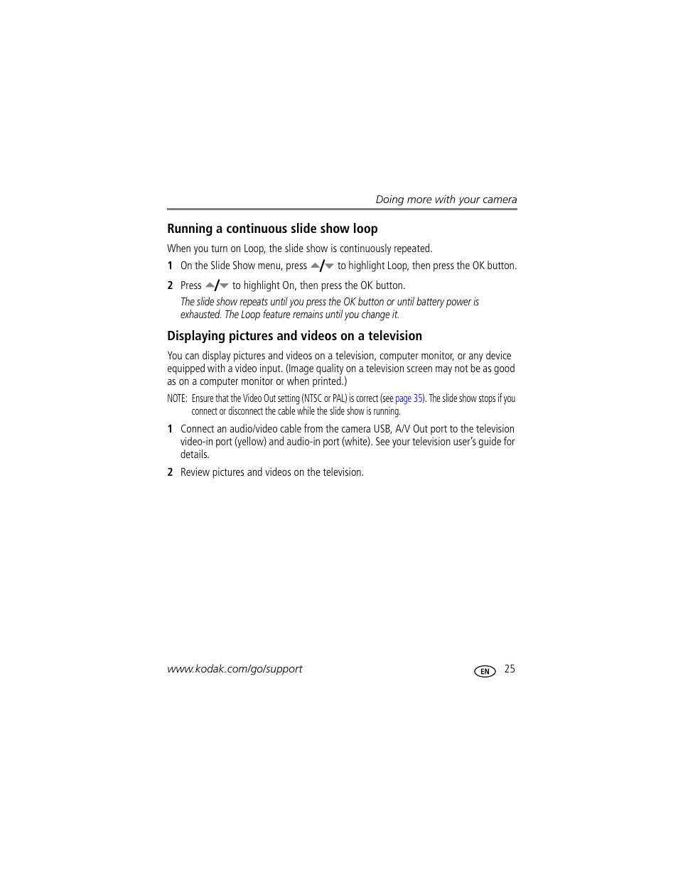 Running a continuous slide show loop, Displaying pictures and videos on a television | Kodak EasyShare C340 User Manual | Page 31 / 74