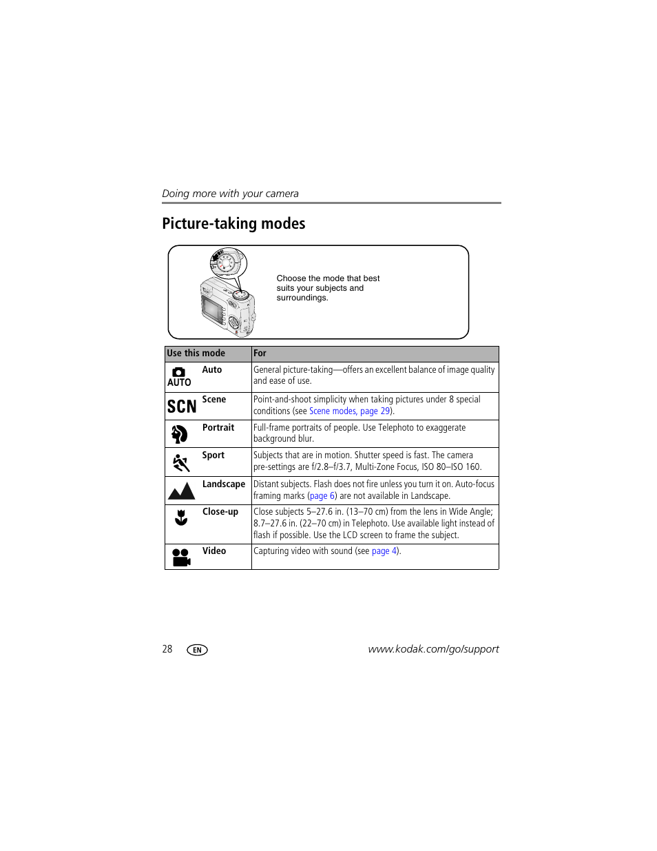 Picture-taking modes | Kodak EasyShare C340 User Manual | Page 34 / 74