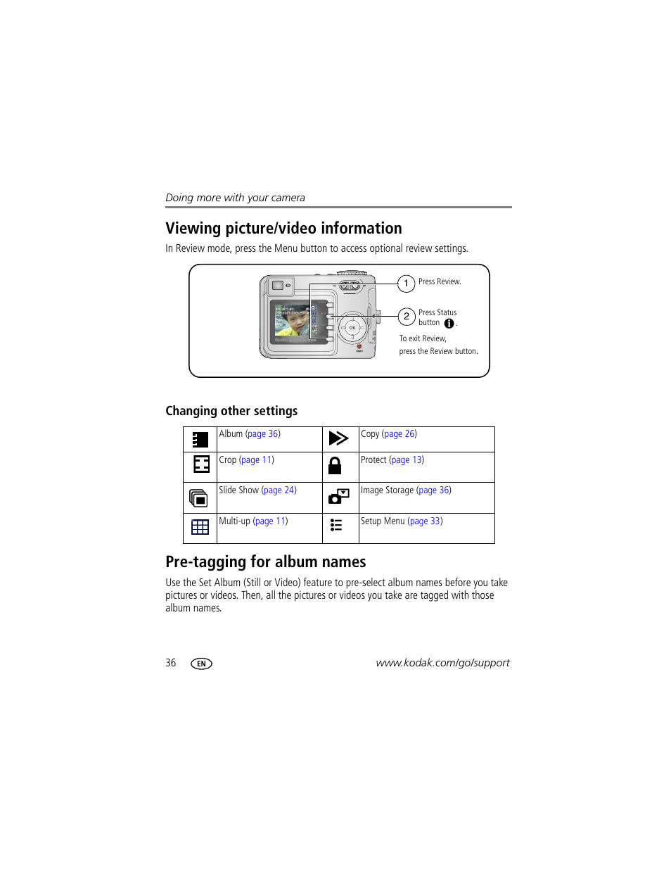 Viewing picture/video information, Changing other settings, Pre-tagging for album names | Kodak EasyShare C340 User Manual | Page 42 / 74
