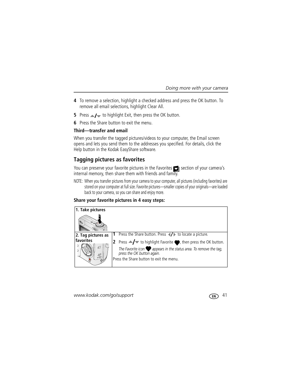 Third-transfer and email, Tagging pictures as favorites | Kodak EasyShare C340 User Manual | Page 47 / 74