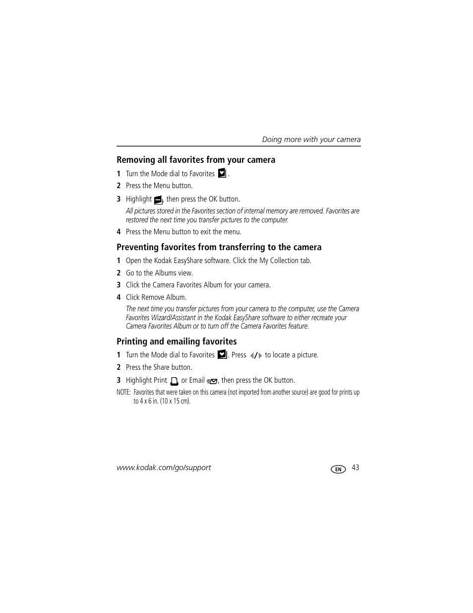 Removing all favorites from your camera, Printing and emailing favorites | Kodak EasyShare C340 User Manual | Page 49 / 74