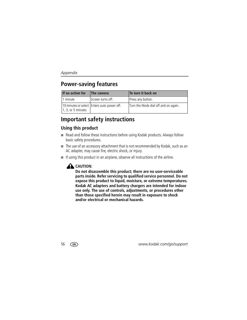 Power-saving features, Important safety instructions, Using this product | Kodak EasyShare C340 User Manual | Page 62 / 74