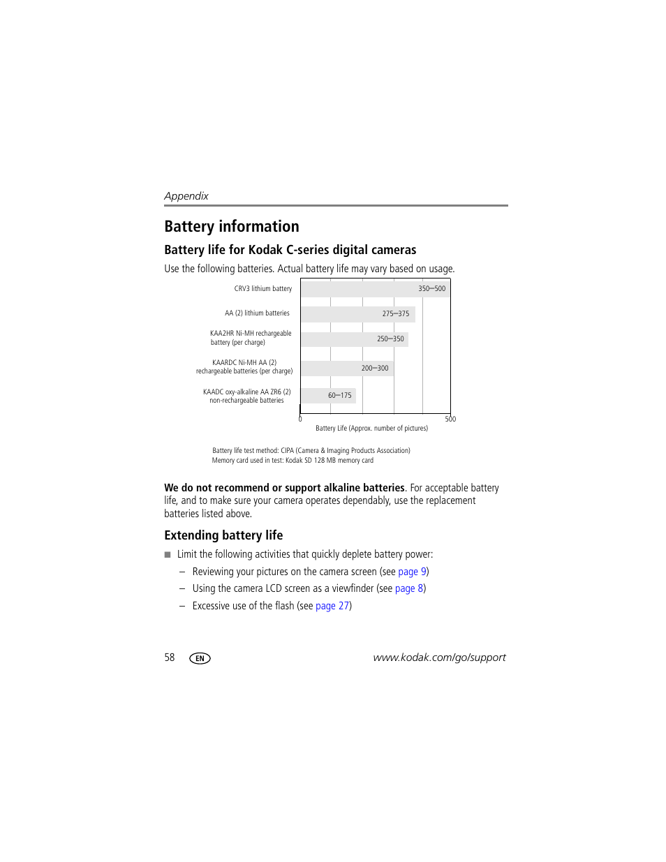 Battery information, Battery life for kodak c-series digital cameras, Extending battery life | Kodak EasyShare C340 User Manual | Page 64 / 74