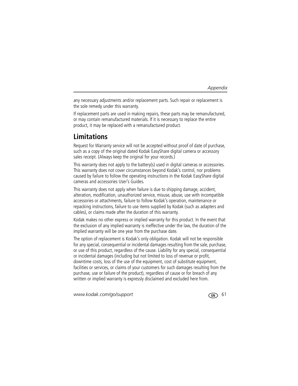 Limitations | Kodak EasyShare C340 User Manual | Page 67 / 74