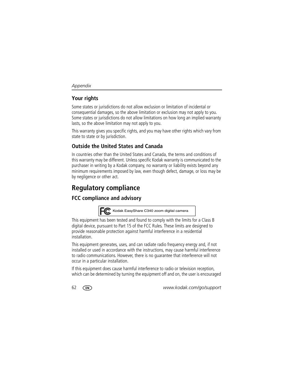 Your rights, Outside the united states and canada, Regulatory compliance | Fcc compliance and advisory | Kodak EasyShare C340 User Manual | Page 68 / 74