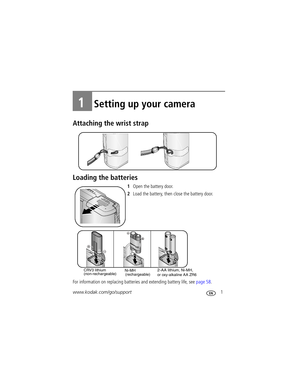Setting up your camera, Attaching the wrist strap, Loading the batteries | 1 setting up your camera, Attaching the wrist strap loading the batteries | Kodak EasyShare C340 User Manual | Page 7 / 74
