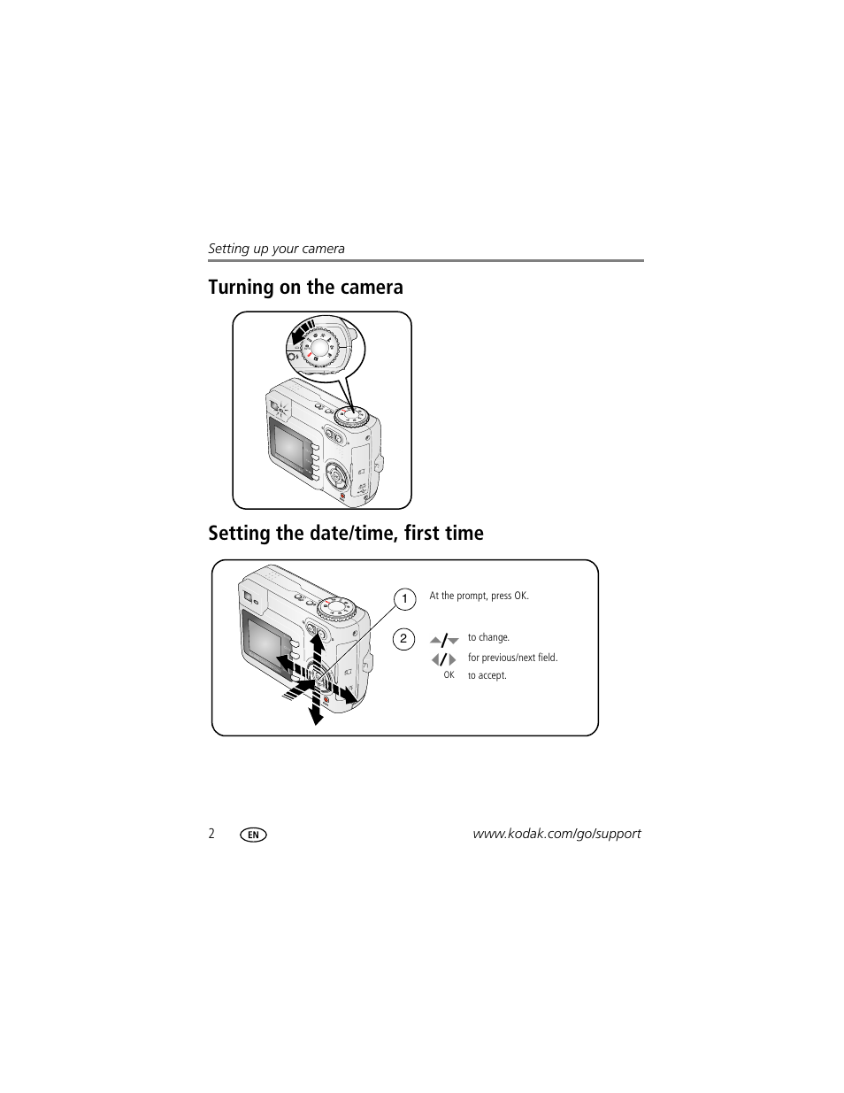 Turning on the camera, Setting the date/time, first time | Kodak EasyShare C340 User Manual | Page 8 / 74