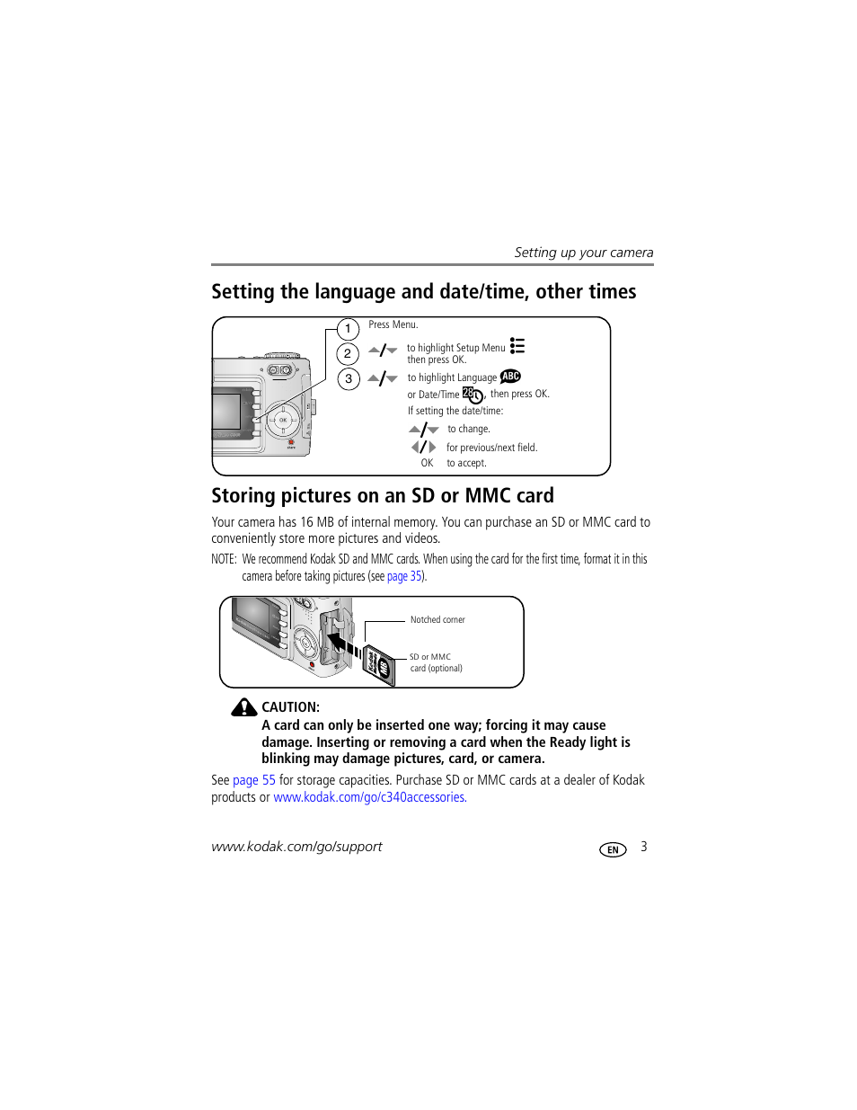 Setting the language and date/time, other times, Storing pictures on an sd or mmc card | Kodak EasyShare C340 User Manual | Page 9 / 74