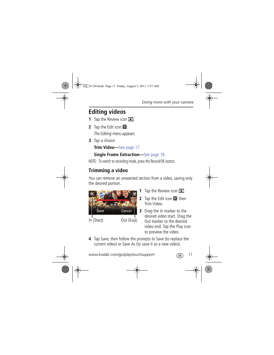 Editing videos, Trimming a video | Kodak c913 User Manual | Page 17 / 27