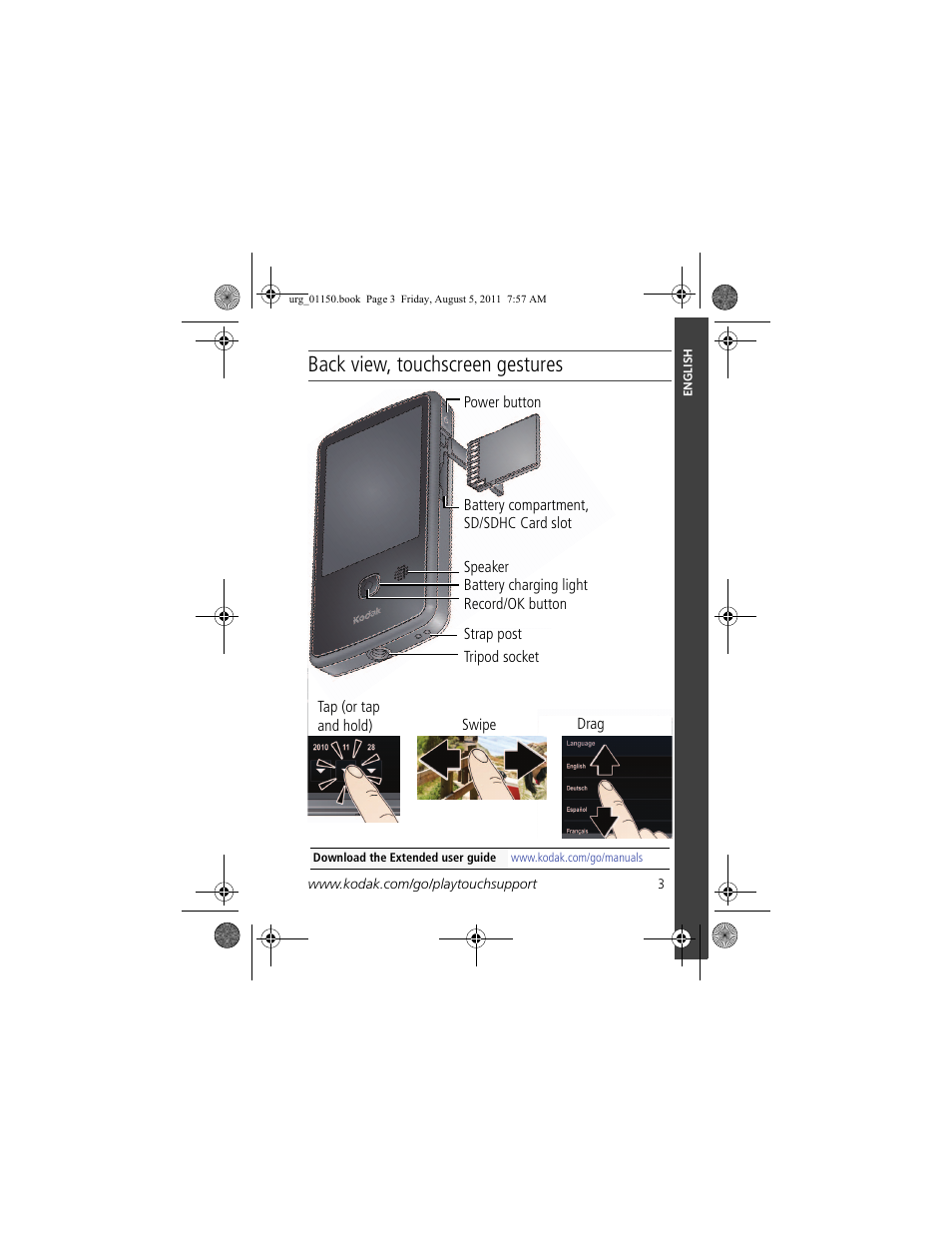 Back view, touchscreen gestures | Kodak c913 User Manual | Page 3 / 27