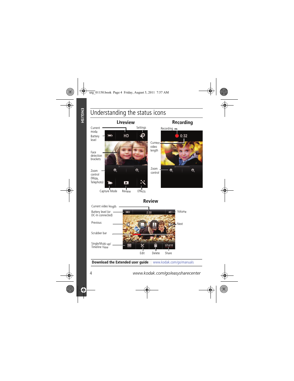 Understanding the status icons, Recording liveview review | Kodak c913 User Manual | Page 4 / 27