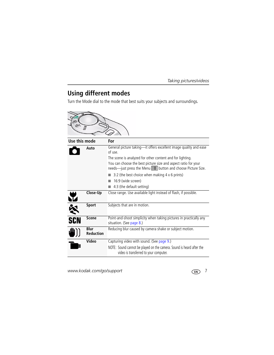 Using different modes | Kodak EASYSHARE C180 User Manual | Page 13 / 64