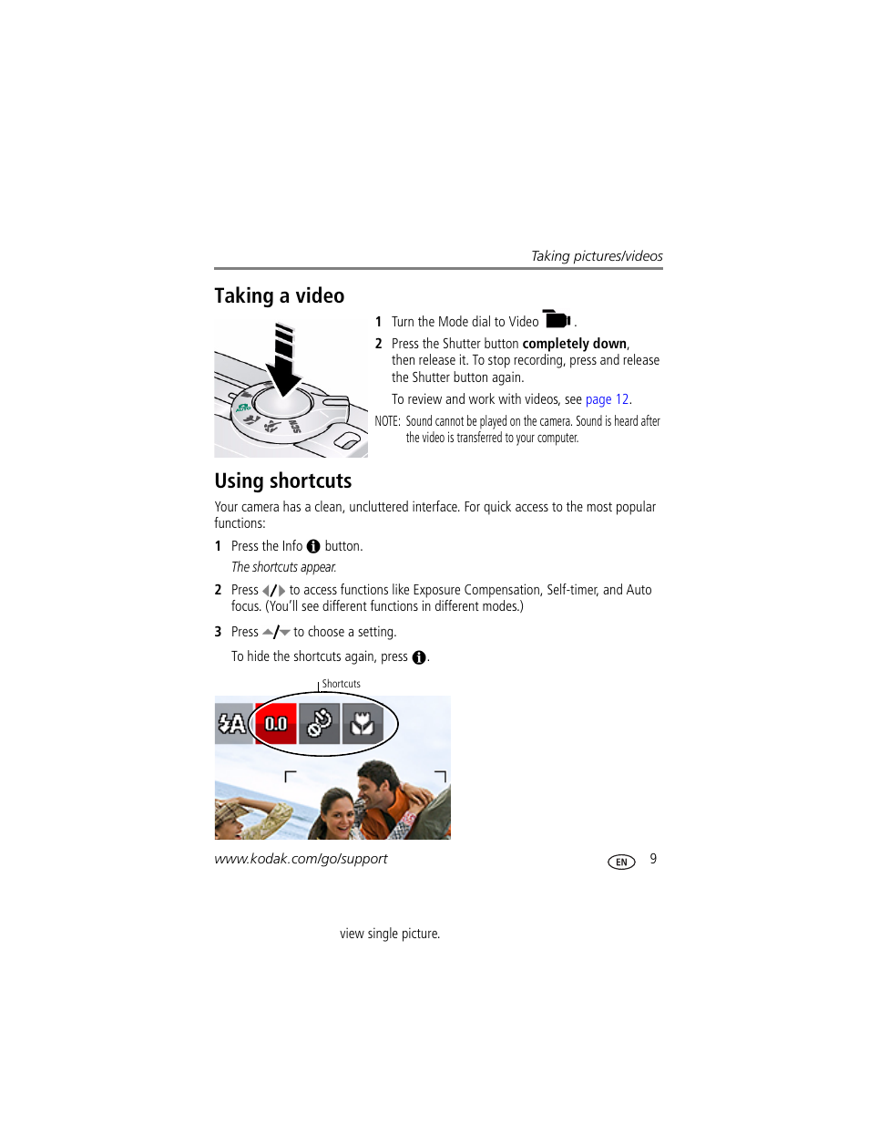 Taking a video, Using shortcuts, Taking a video using shortcuts | Kodak EASYSHARE C180 User Manual | Page 15 / 64