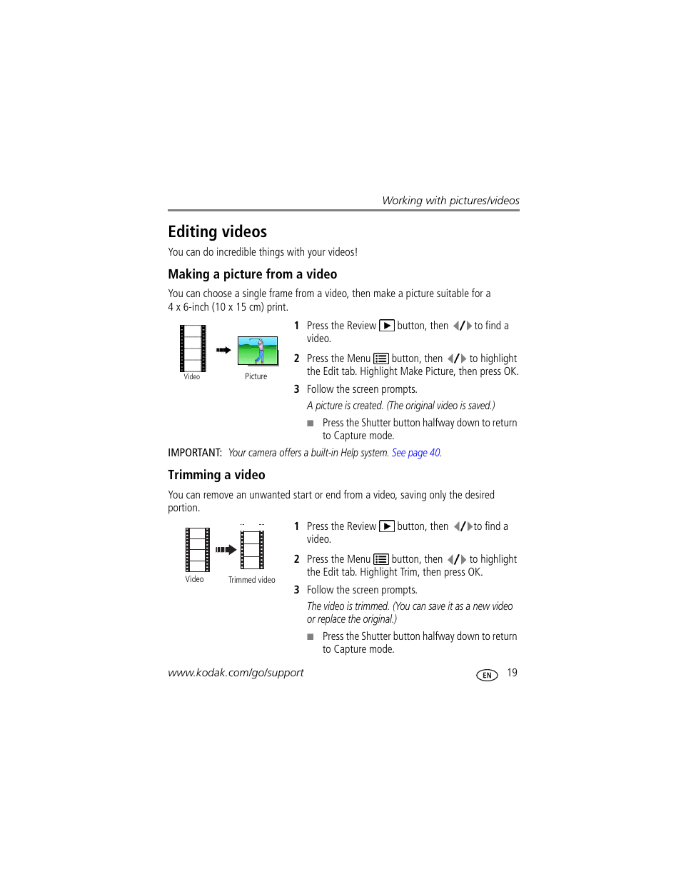 Editing videos, Making a picture from a video, Trimming a video | Kodak EASYSHARE C180 User Manual | Page 25 / 64