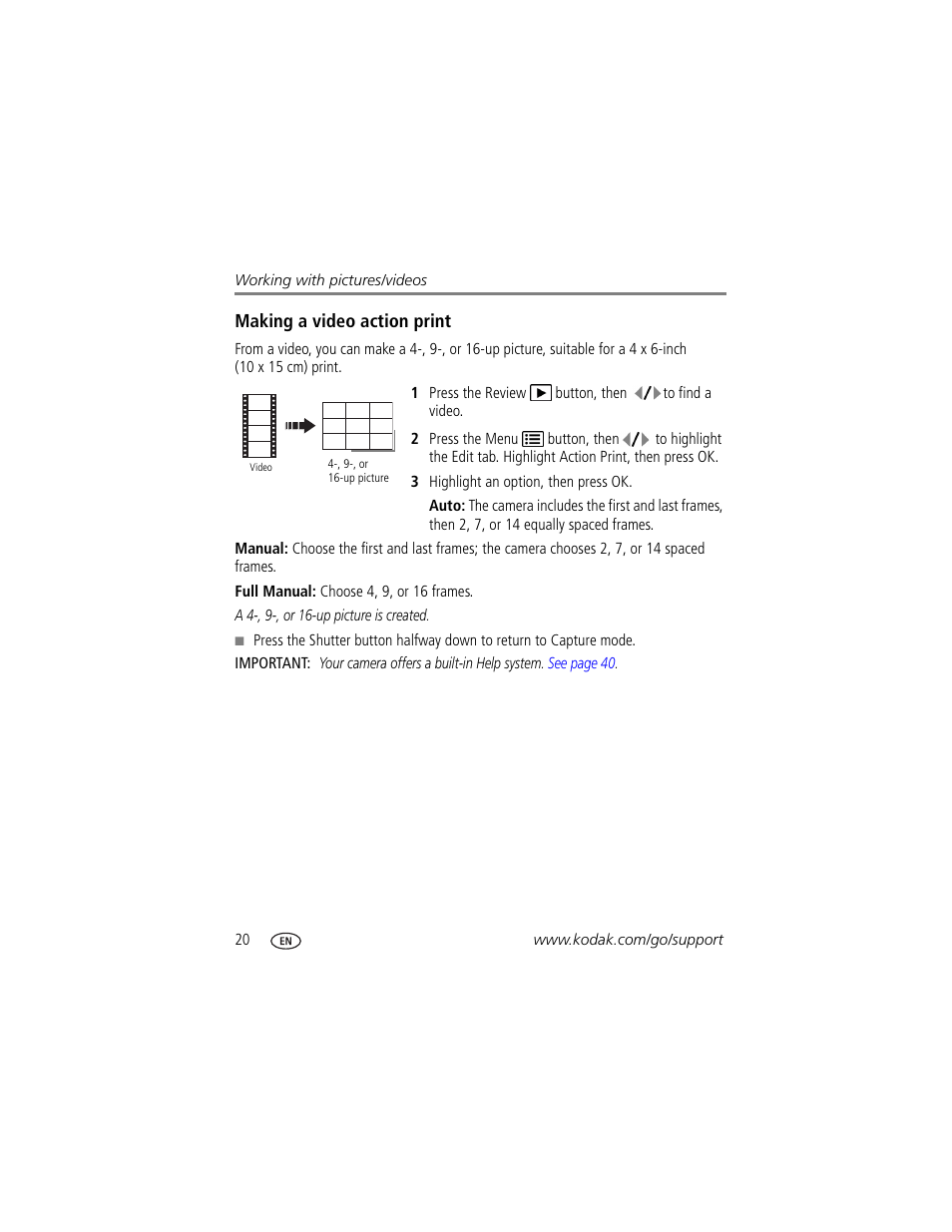 Making a video action print | Kodak EASYSHARE C180 User Manual | Page 26 / 64