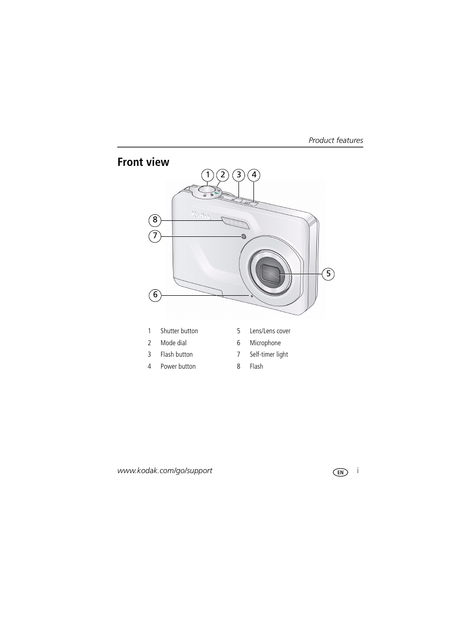 Product features, Front view | Kodak EASYSHARE C180 User Manual | Page 3 / 64