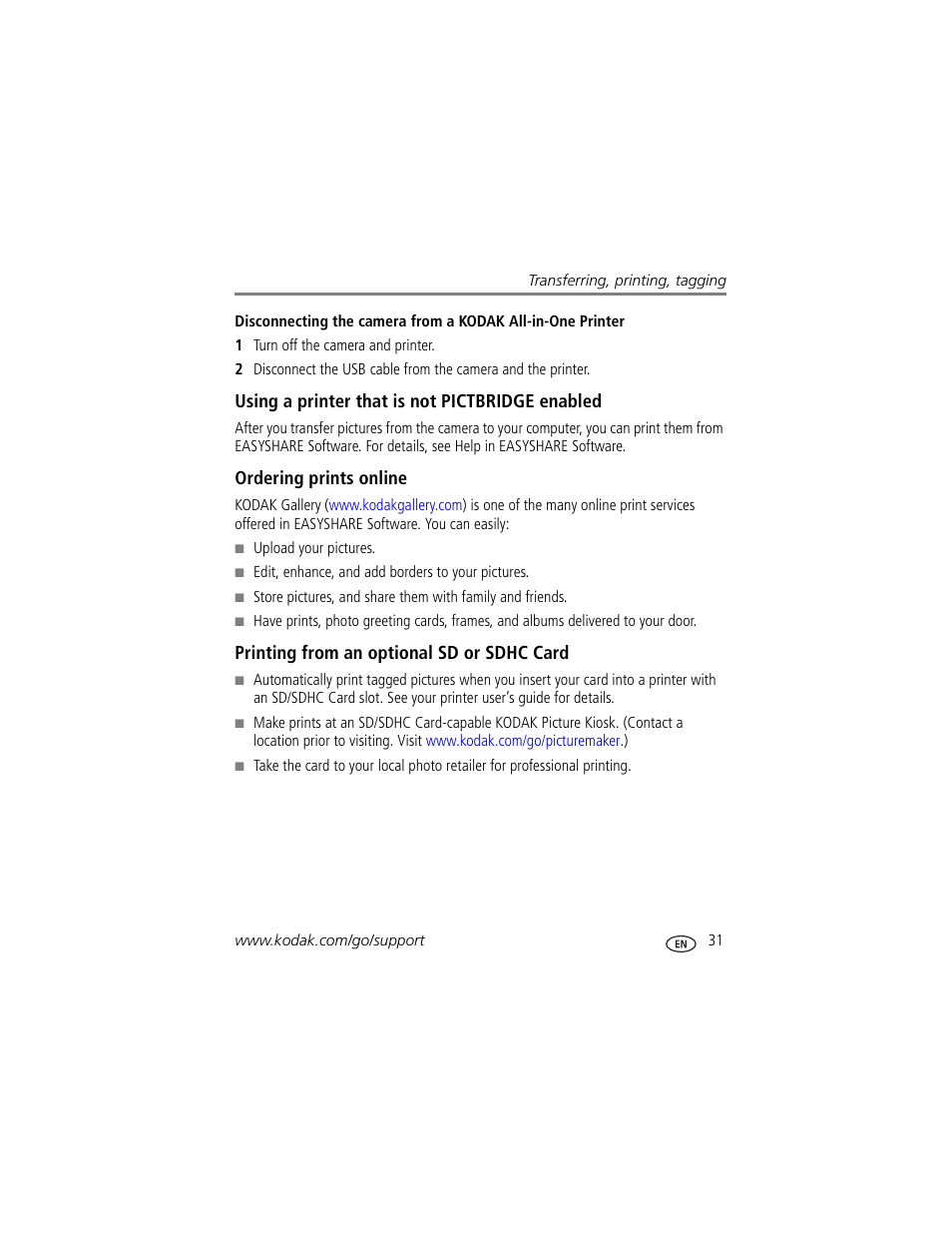 Using a printer that is not pictbridge enabled, Ordering prints online, Printing from an optional sd or sdhc card | Kodak EASYSHARE C180 User Manual | Page 37 / 64