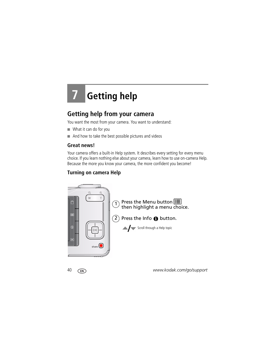 Getting help, Getting help from your camera, Great news | Turning on camera help, 7 getting help, Stem | Kodak EASYSHARE C180 User Manual | Page 46 / 64