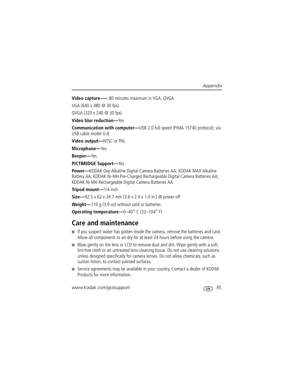 Care and maintenance | Kodak EASYSHARE C180 User Manual | Page 51 / 64