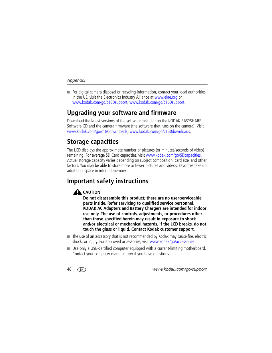 Upgrading your software and firmware, Storage capacities, Important safety instructions | Kodak EASYSHARE C180 User Manual | Page 52 / 64