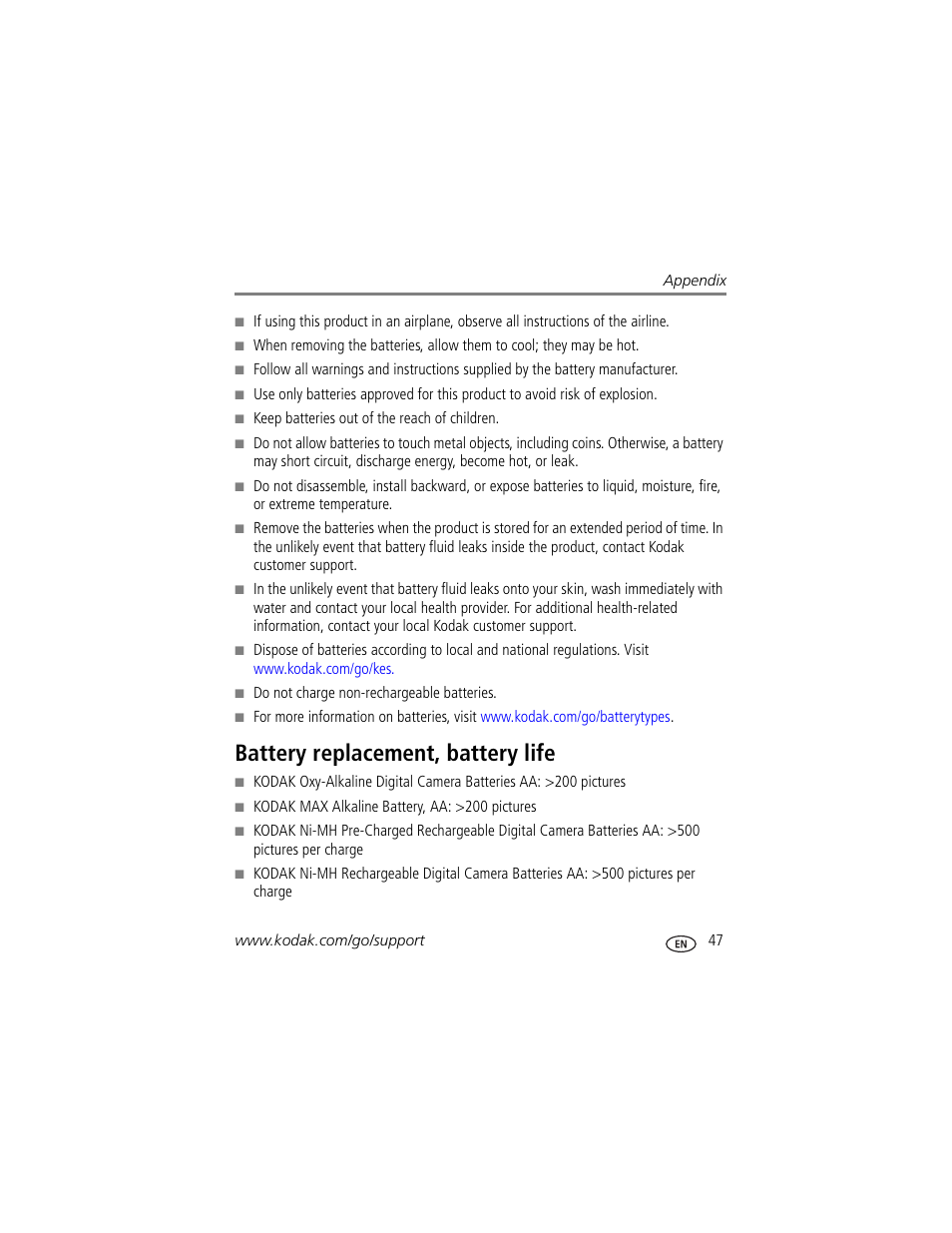 Battery replacement, battery life | Kodak EASYSHARE C180 User Manual | Page 53 / 64