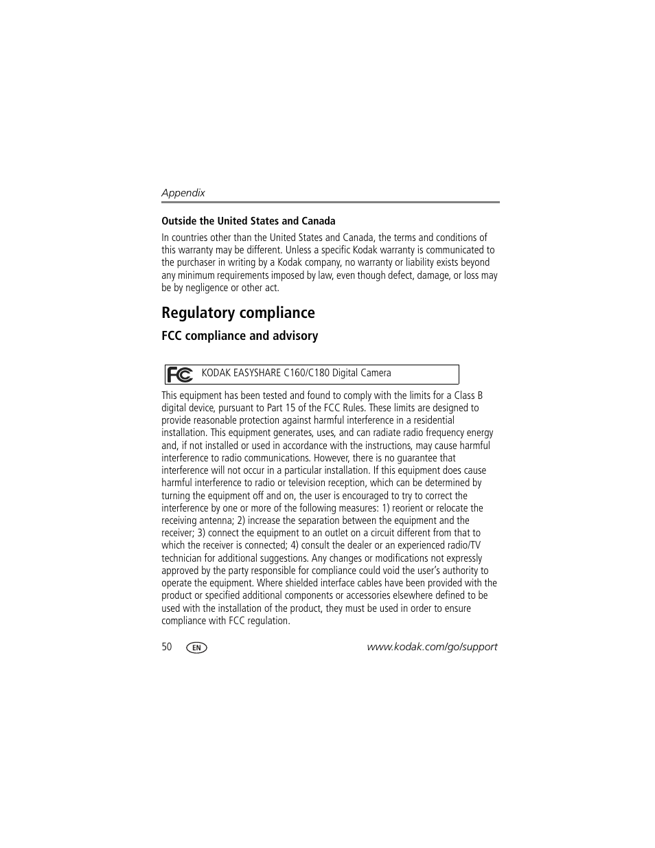 Regulatory compliance, Fcc compliance and advisory | Kodak EASYSHARE C180 User Manual | Page 56 / 64