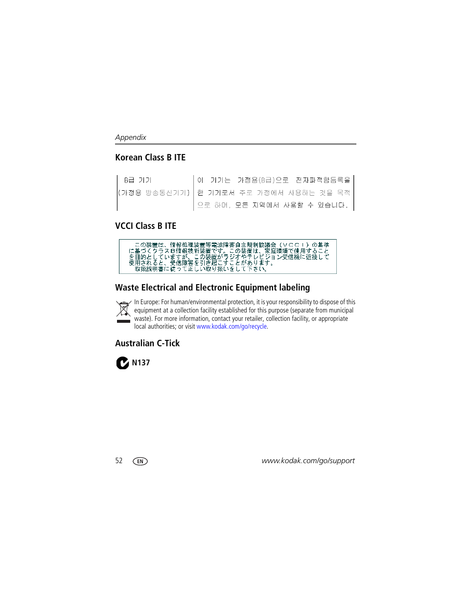Korean class b ite, Vcci class b ite, Waste electrical and electronic equipment labeling | Australian c-tick | Kodak EASYSHARE C180 User Manual | Page 58 / 64