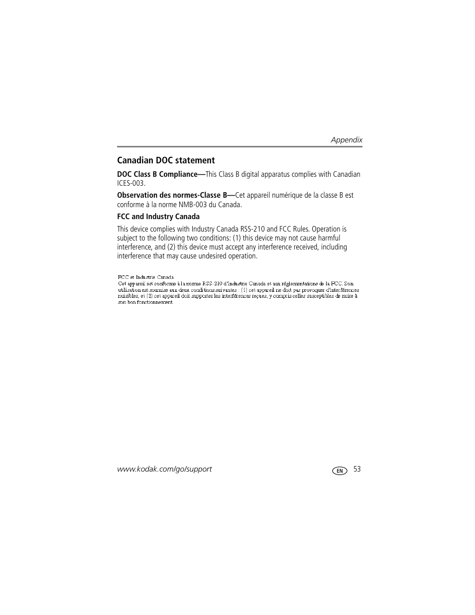 Canadian doc statement, Fcc and industry canada | Kodak EASYSHARE C180 User Manual | Page 59 / 64