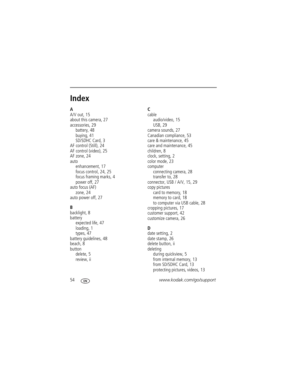 Index | Kodak EASYSHARE C180 User Manual | Page 60 / 64