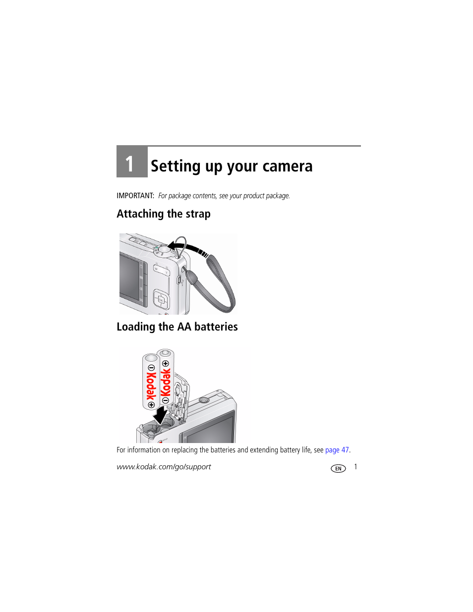 Setting up your camera, Attaching the strap, Loading the aa batteries | 1 setting up your camera, Attaching the strap loading the aa batteries | Kodak EASYSHARE C180 User Manual | Page 7 / 64
