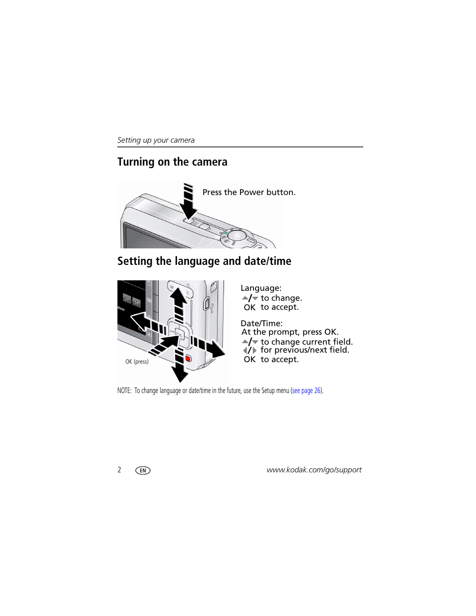 Turning on the camera, Setting the language and date/time | Kodak EASYSHARE C180 User Manual | Page 8 / 64