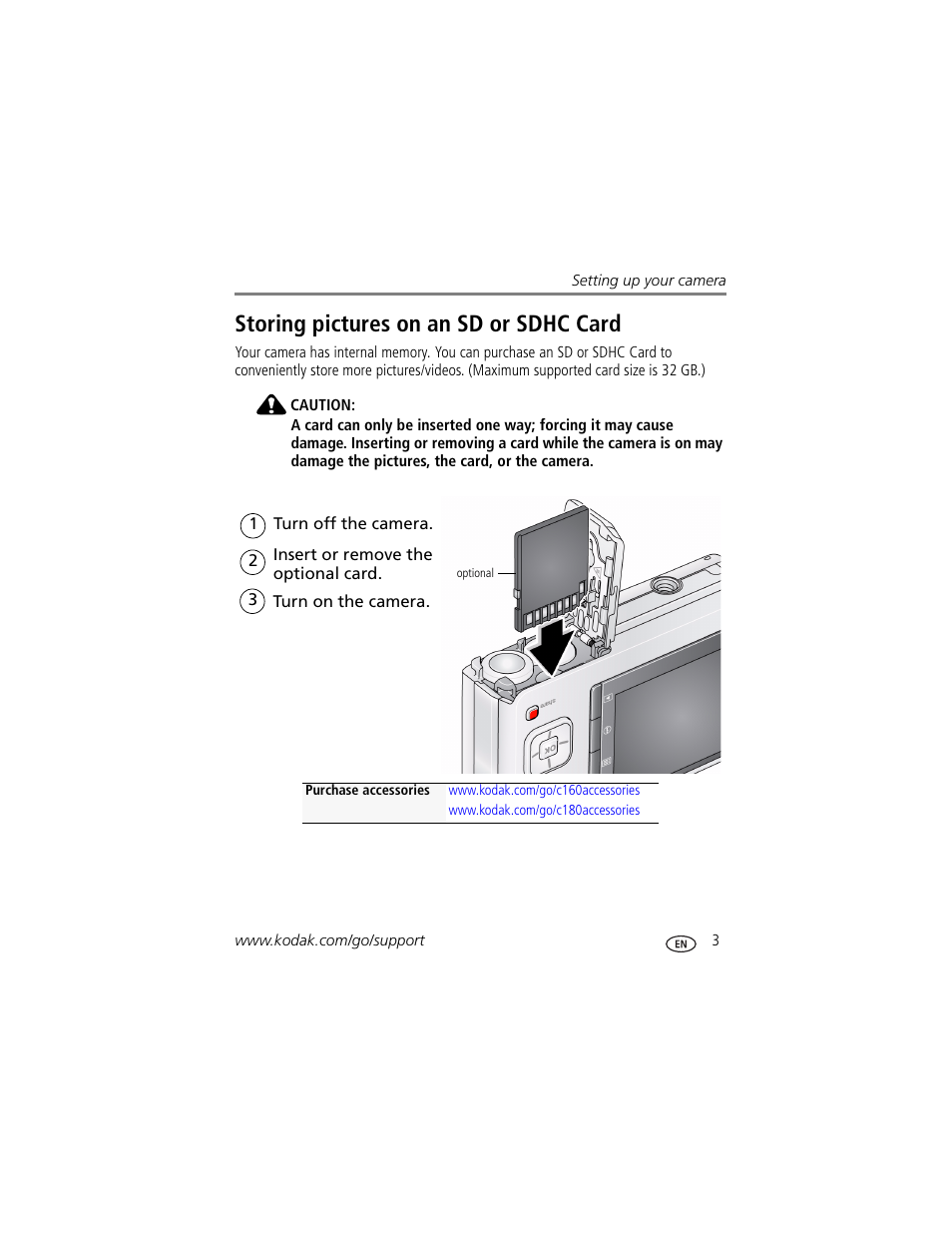 Storing pictures on an sd or sdhc card | Kodak EASYSHARE C180 User Manual | Page 9 / 64