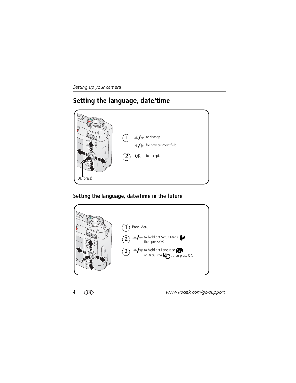 Setting the language, date/time in the future, Setting the language, date/time | Kodak EasyShare C663 User Manual | Page 10 / 74