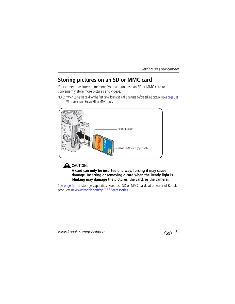 Storing pictures on an sd or mmc card | Kodak EasyShare C663 User Manual | Page 11 / 74