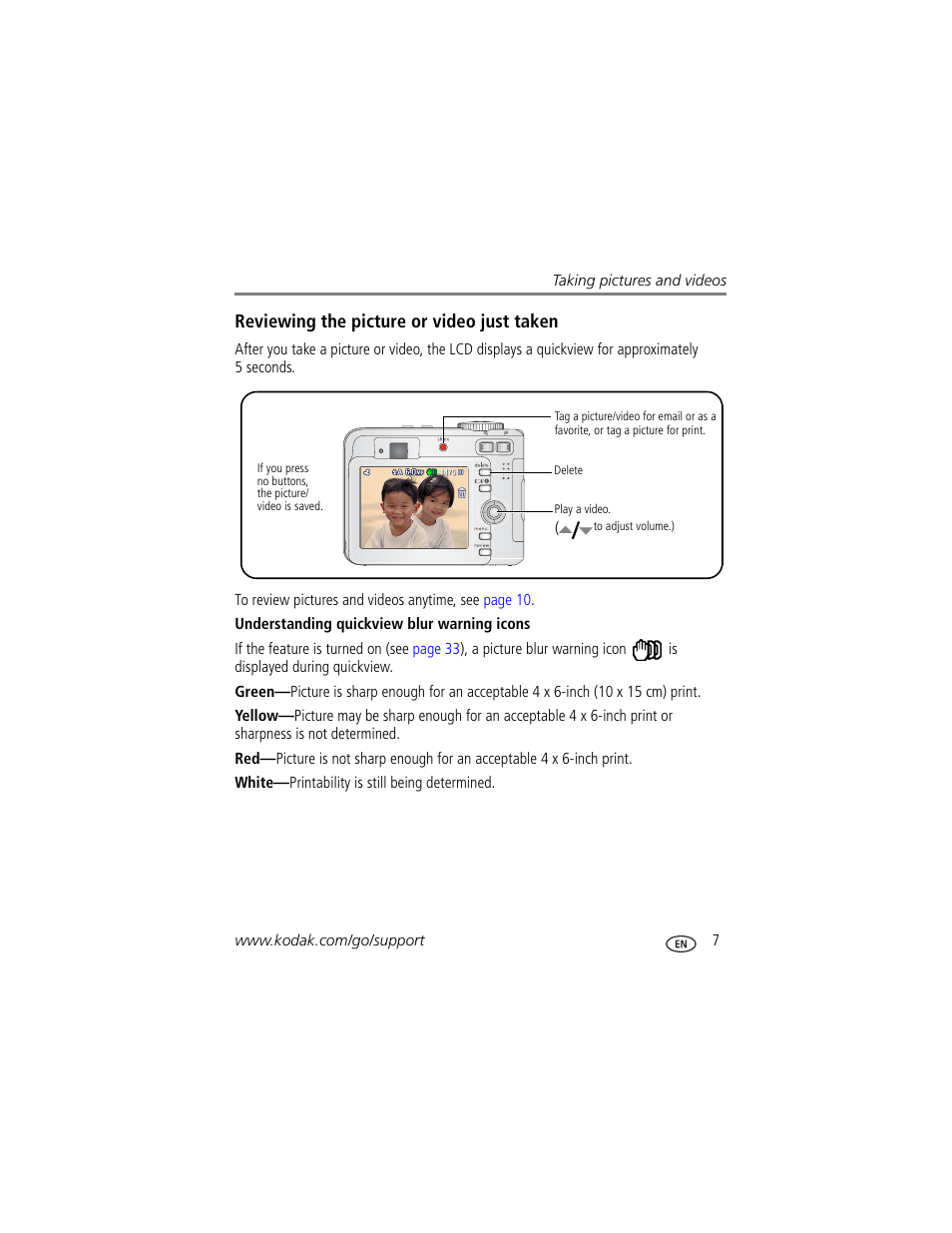 Reviewing the picture or video just taken, Understanding quickview blur warning icons | Kodak EasyShare C663 User Manual | Page 13 / 74