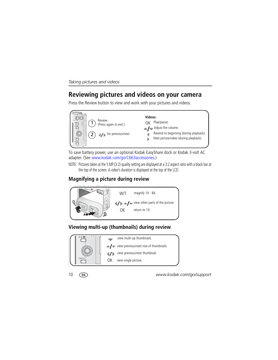 Magnifying a picture during review, Viewing multi-up (thumbnails) during review, Reviewing pictures and videos on your camera | Kodak EasyShare C663 User Manual | Page 16 / 74