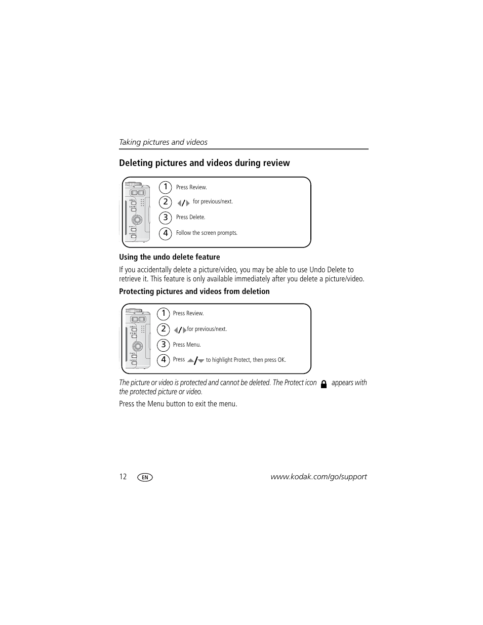 Deleting pictures and videos during review, Using the undo delete feature, Protecting pictures and videos from deletion | Kodak EasyShare C663 User Manual | Page 18 / 74