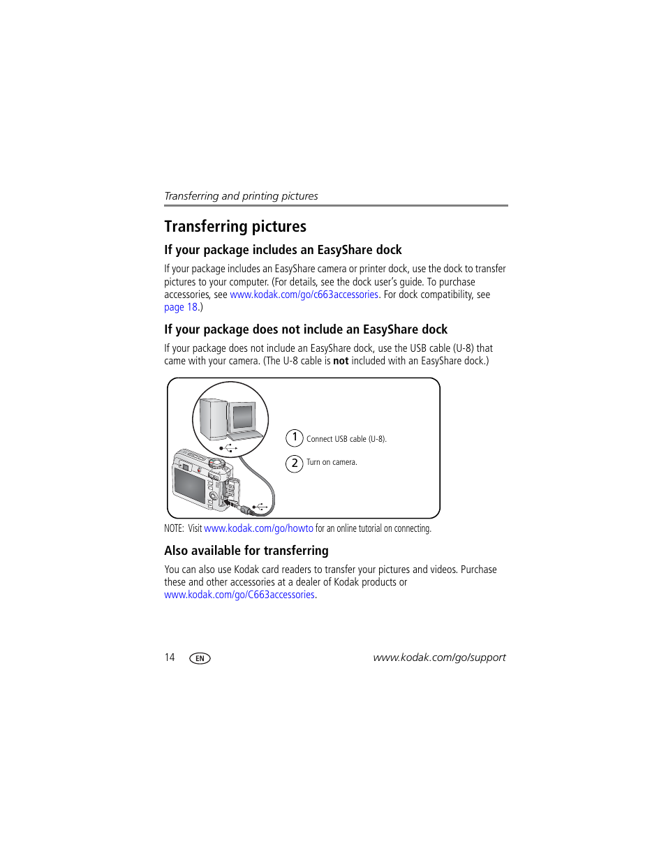 If your package includes an easyshare dock, If your package does not include an easyshare dock, Also available for transferring | Transferring pictures | Kodak EasyShare C663 User Manual | Page 20 / 74