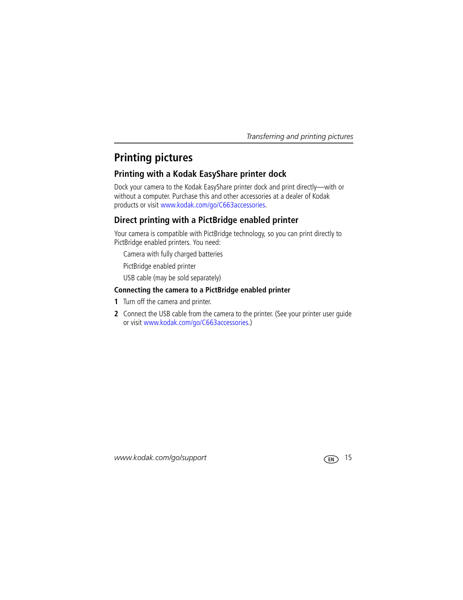 Printing with a kodak easyshare printer dock, Direct printing with a pictbridge enabled printer, Printing pictures | Kodak EasyShare C663 User Manual | Page 21 / 74
