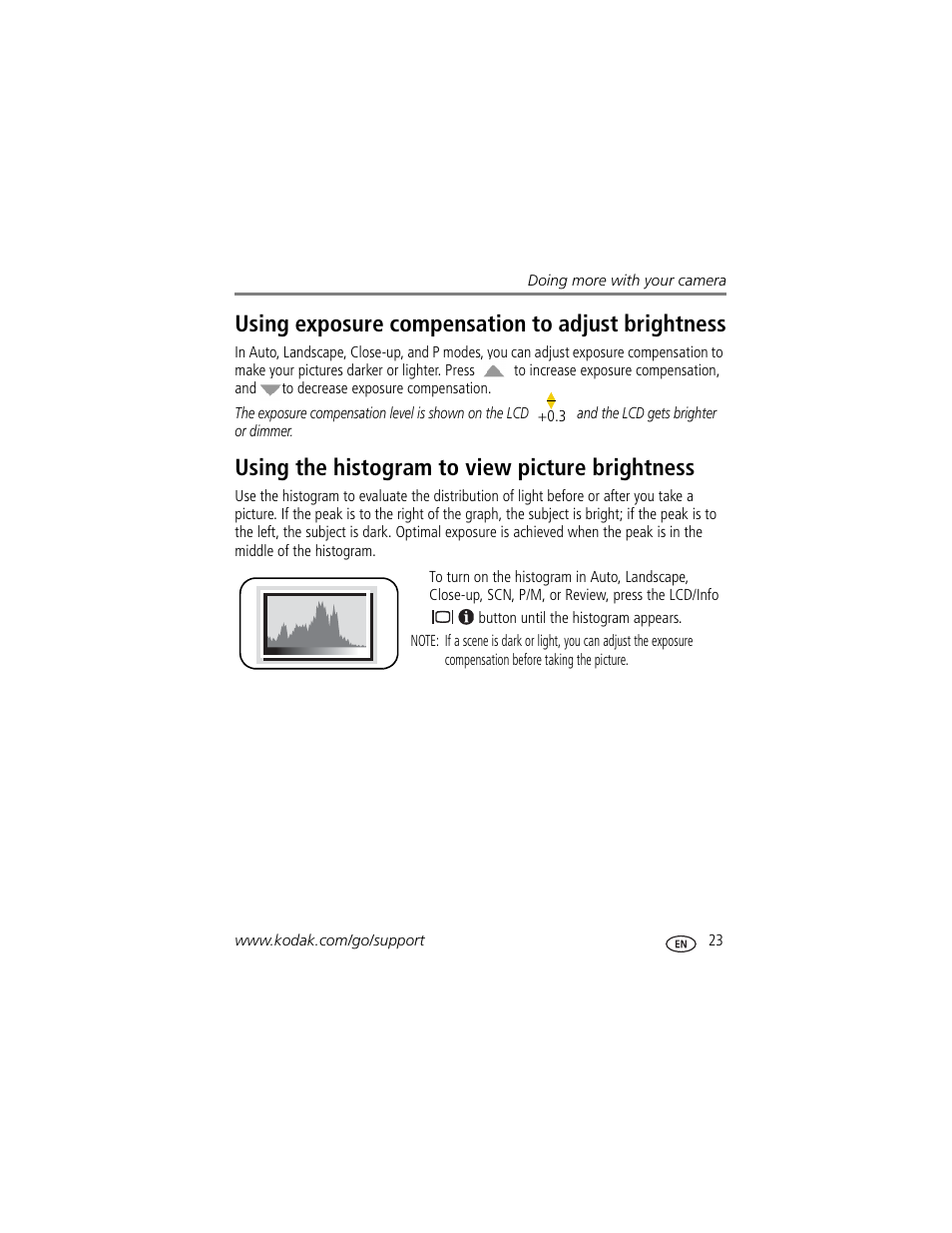 Using exposure compensation to adjust brightness, Using the histogram to view picture brightness | Kodak EasyShare C663 User Manual | Page 29 / 74