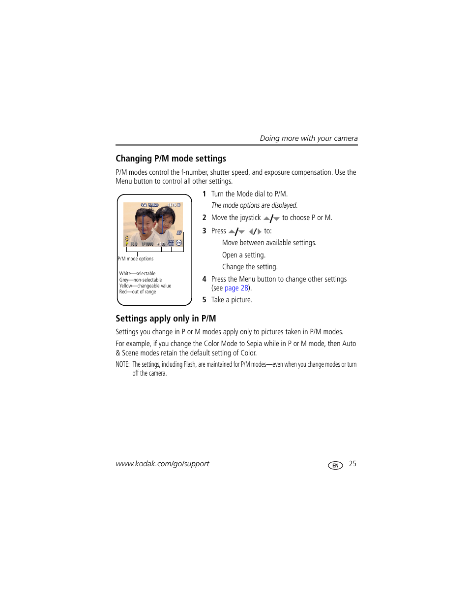 Settings apply only in p/m, Changing p/m mode settings | Kodak EasyShare C663 User Manual | Page 31 / 74