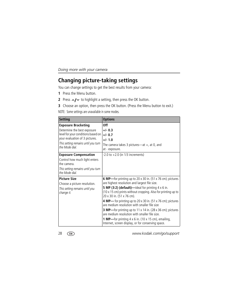 Changing picture-taking settings | Kodak EasyShare C663 User Manual | Page 34 / 74