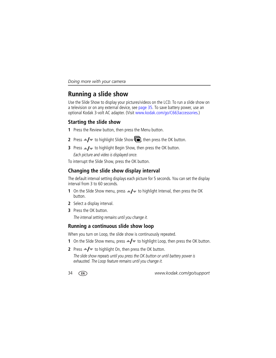 Starting the slide show, Changing the slide show display interval, Running a continuous slide show loop | Running a slide show | Kodak EasyShare C663 User Manual | Page 40 / 74