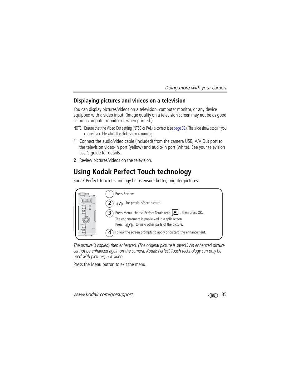 Displaying pictures and videos on a television, Using kodak perfect touch technology | Kodak EasyShare C663 User Manual | Page 41 / 74