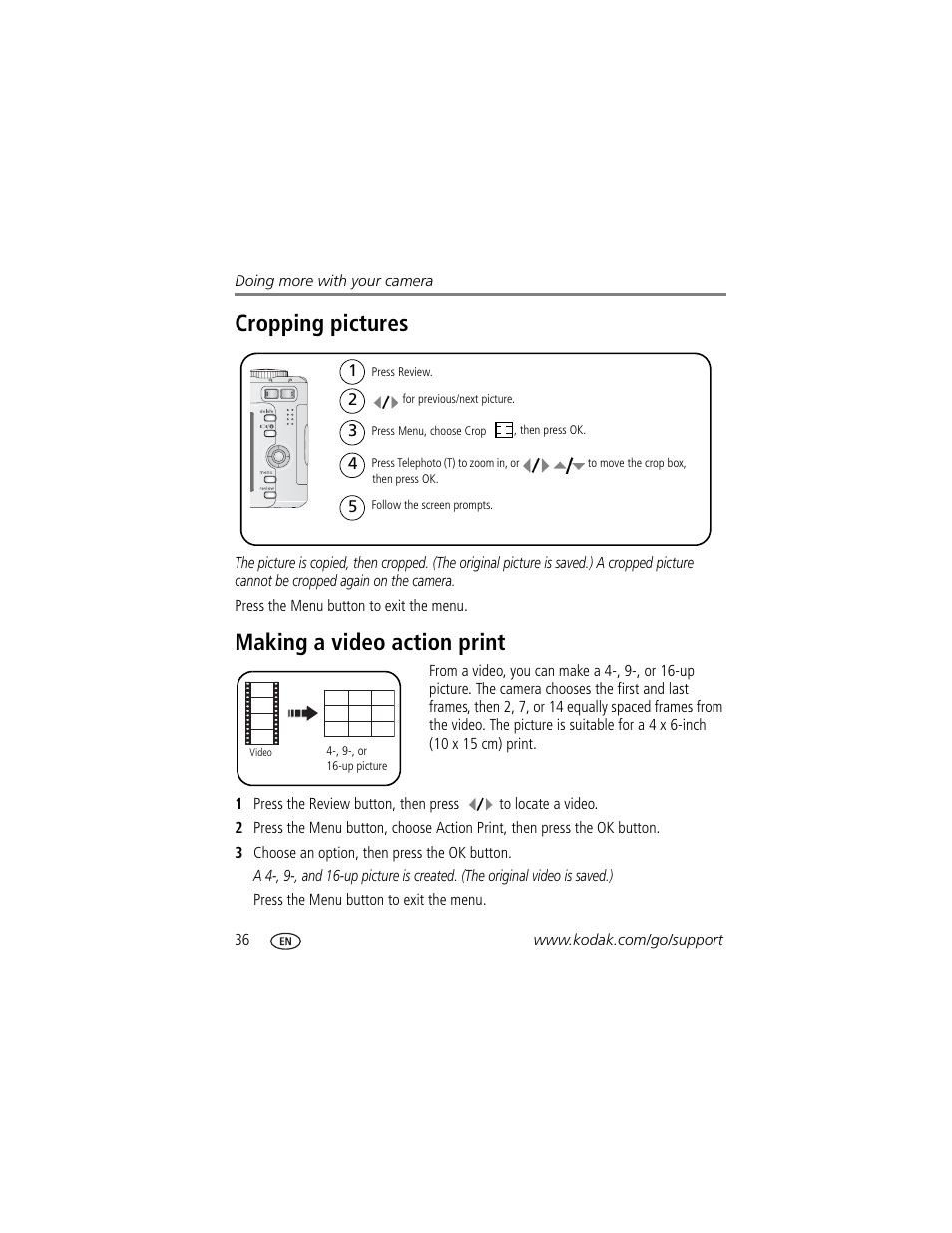 Making a video action print, Cropping pictures | Kodak EasyShare C663 User Manual | Page 42 / 74