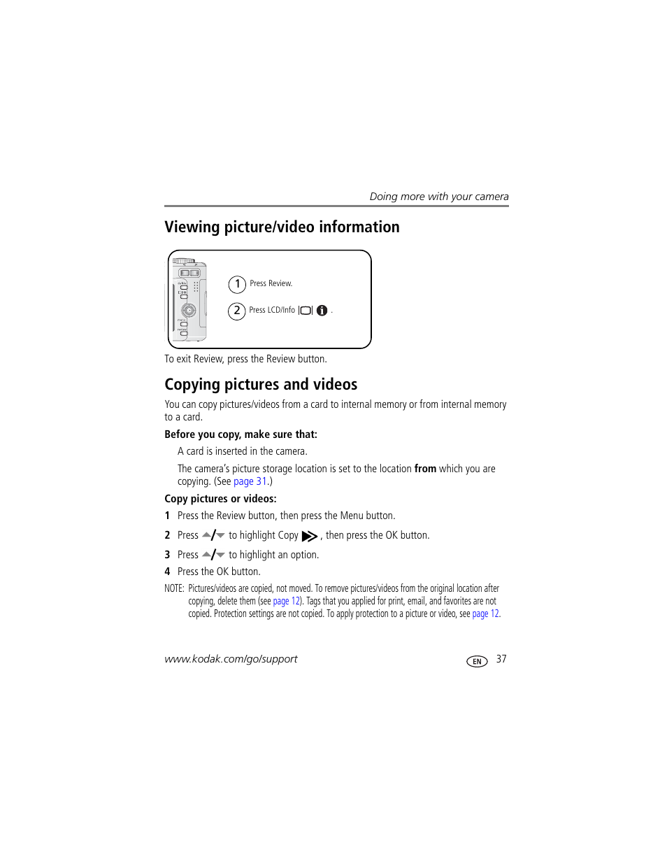 Copying pictures and videos, Viewing picture/video information | Kodak EasyShare C663 User Manual | Page 43 / 74